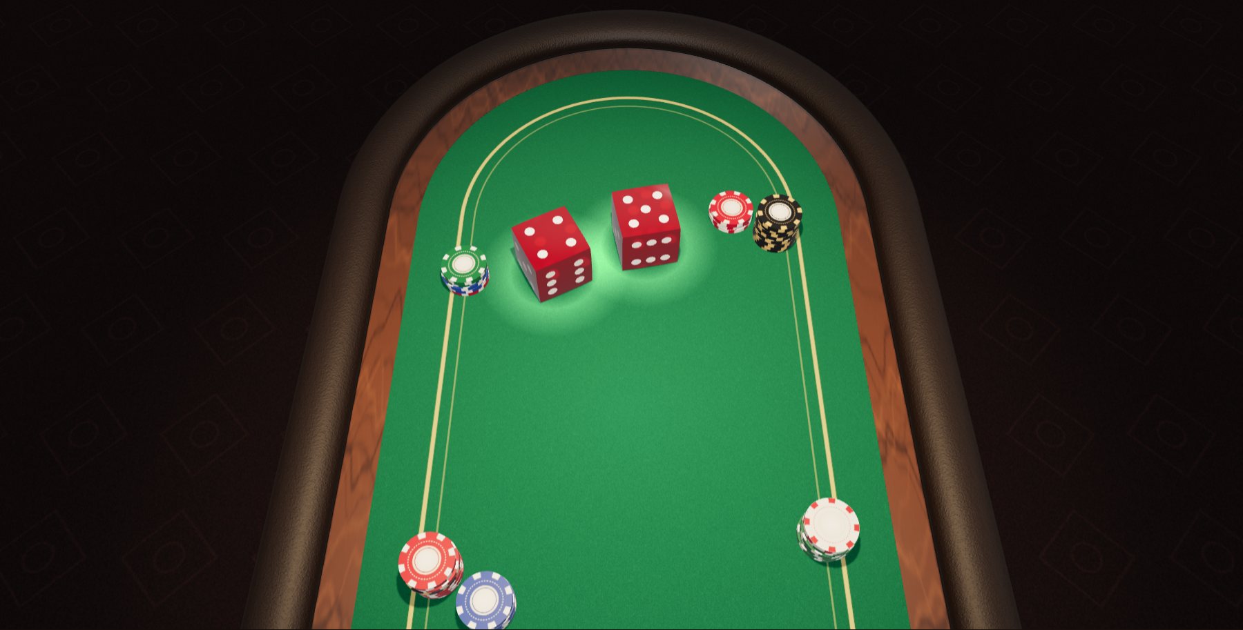 3D casino dice table with red dice and poker chips