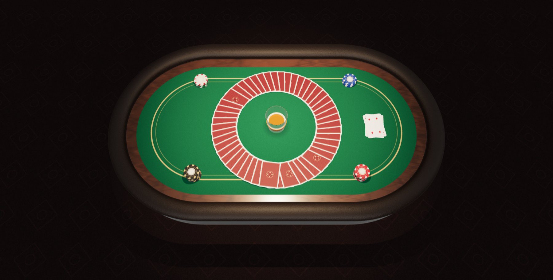 3D poker table with a ring of cards around a glass of beer